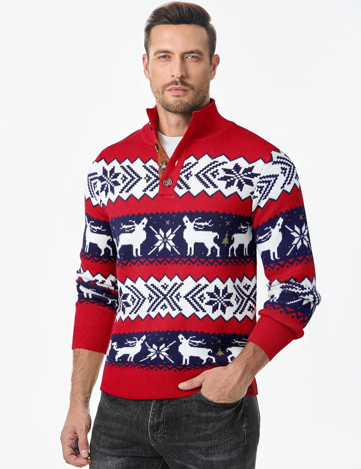 imageJMIERR Mens Cable Knit Pullover Sweater Casual Long Sleeve Stand Collar Button Knitted SweatersXmas Red2 Reindeer
