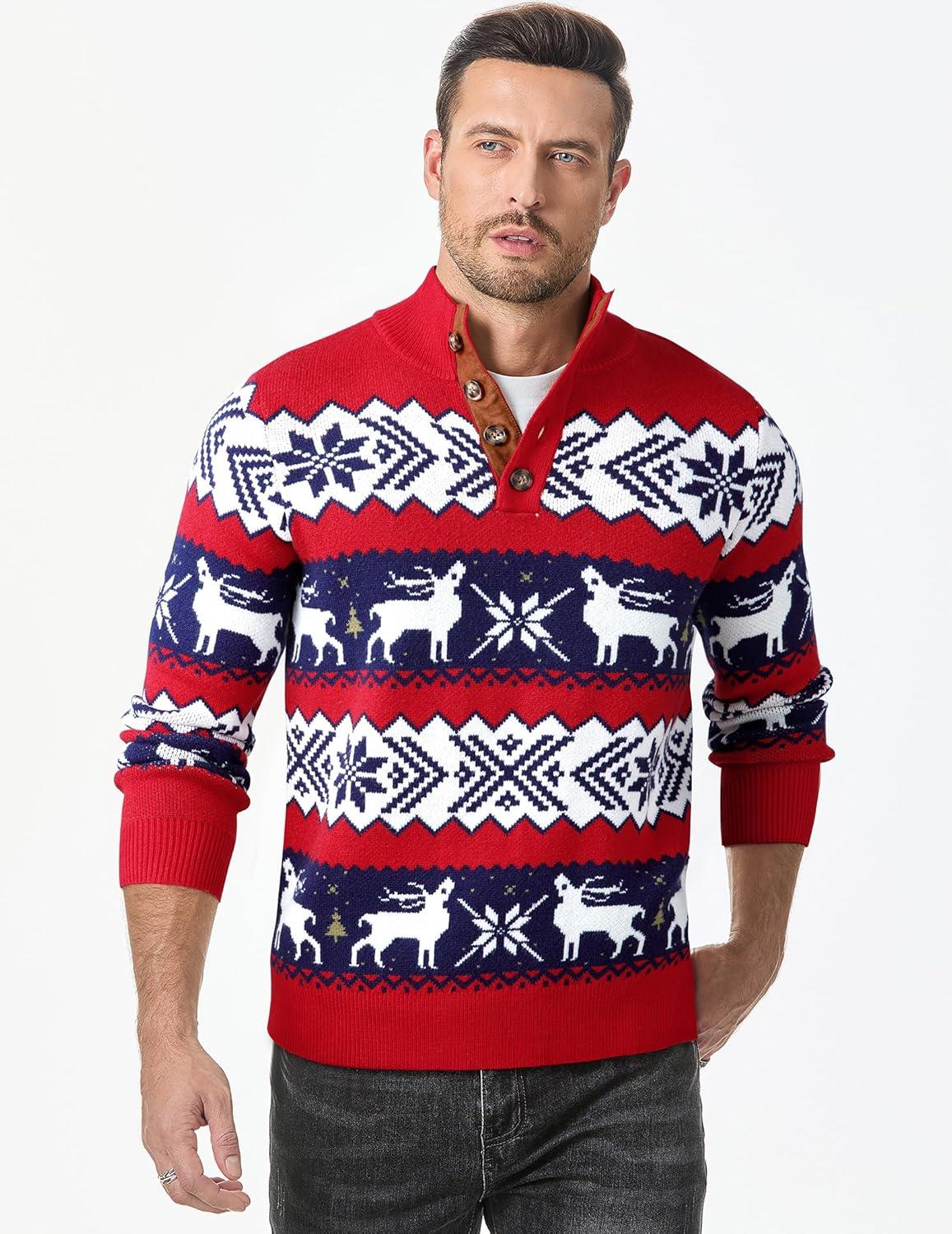 imageJMIERR Mens Cable Knit Pullover Sweater Casual Long Sleeve Stand Collar Button Knitted SweatersXmas Red2 Reindeer