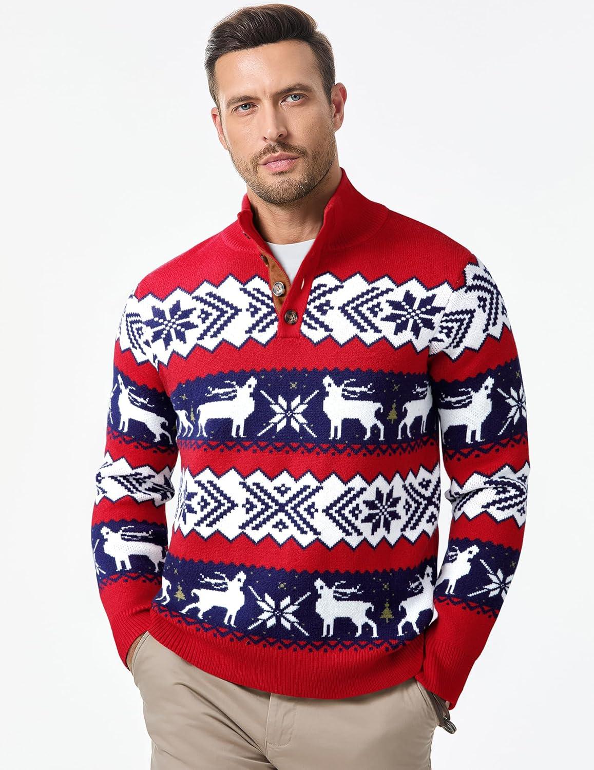 imageJMIERR Mens Cable Knit Pullover Sweater Casual Long Sleeve Stand Collar Button Knitted SweatersXmas Red2 Reindeer