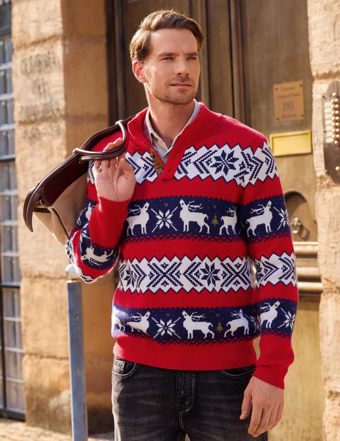 imageJMIERR Mens Cable Knit Pullover Sweater Casual Long Sleeve Stand Collar Button Knitted SweatersXmas Red2 Reindeer