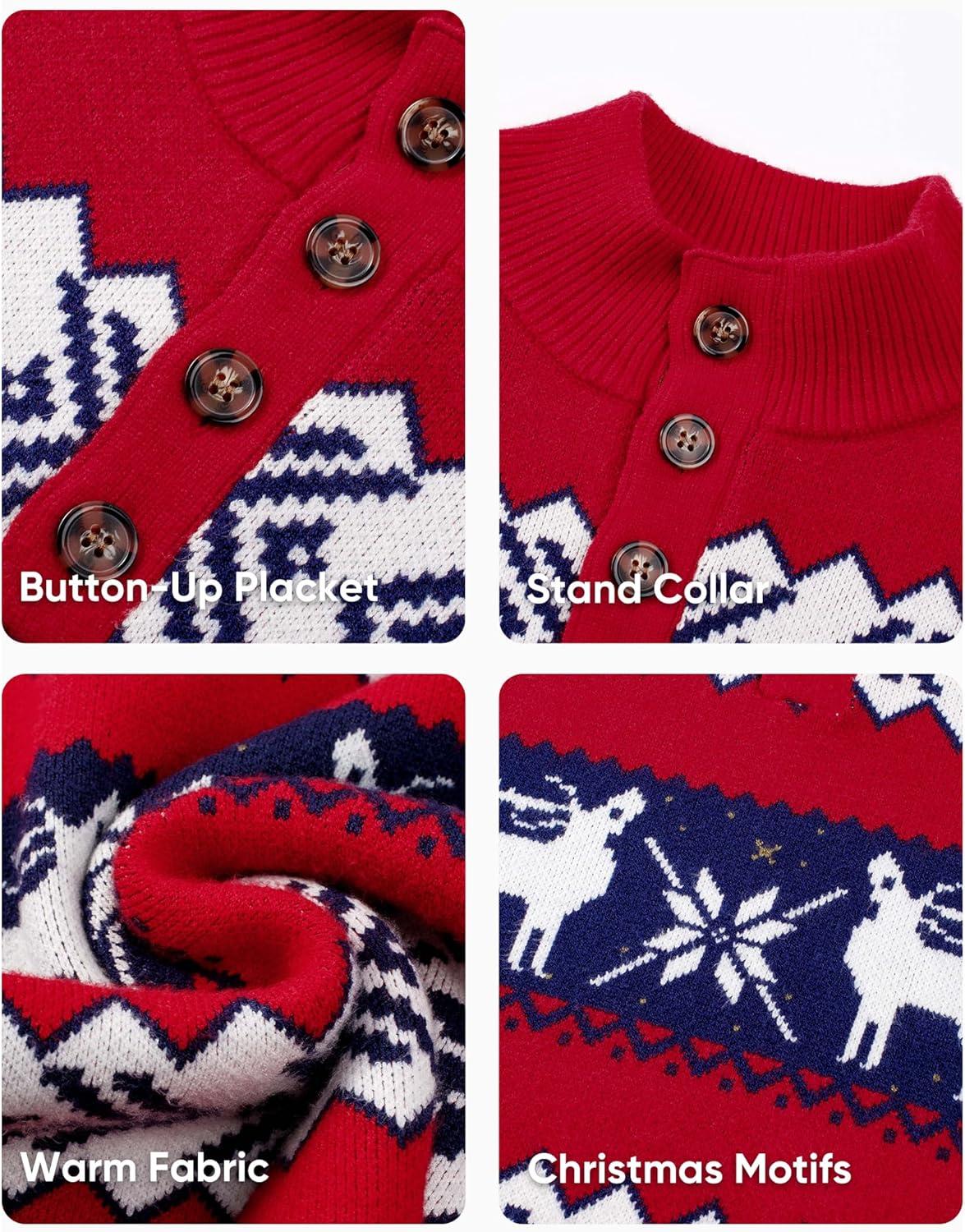imageJMIERR Mens Cable Knit Pullover Sweater Casual Long Sleeve Stand Collar Button Knitted SweatersXmas Red2 Reindeer