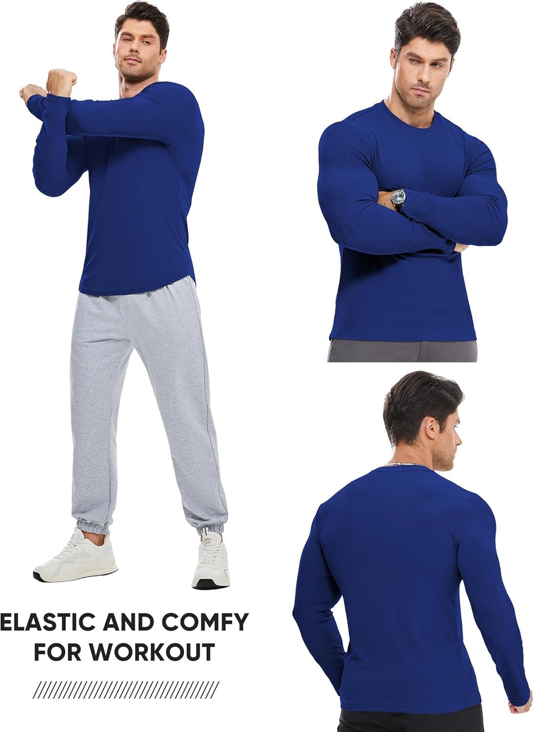 imageJMIERR Mens Fall Crewneck Shirt Long Sleeve AntiWrinkle Casual Muscle T Shirts Workout Slim FittedF Blue 2