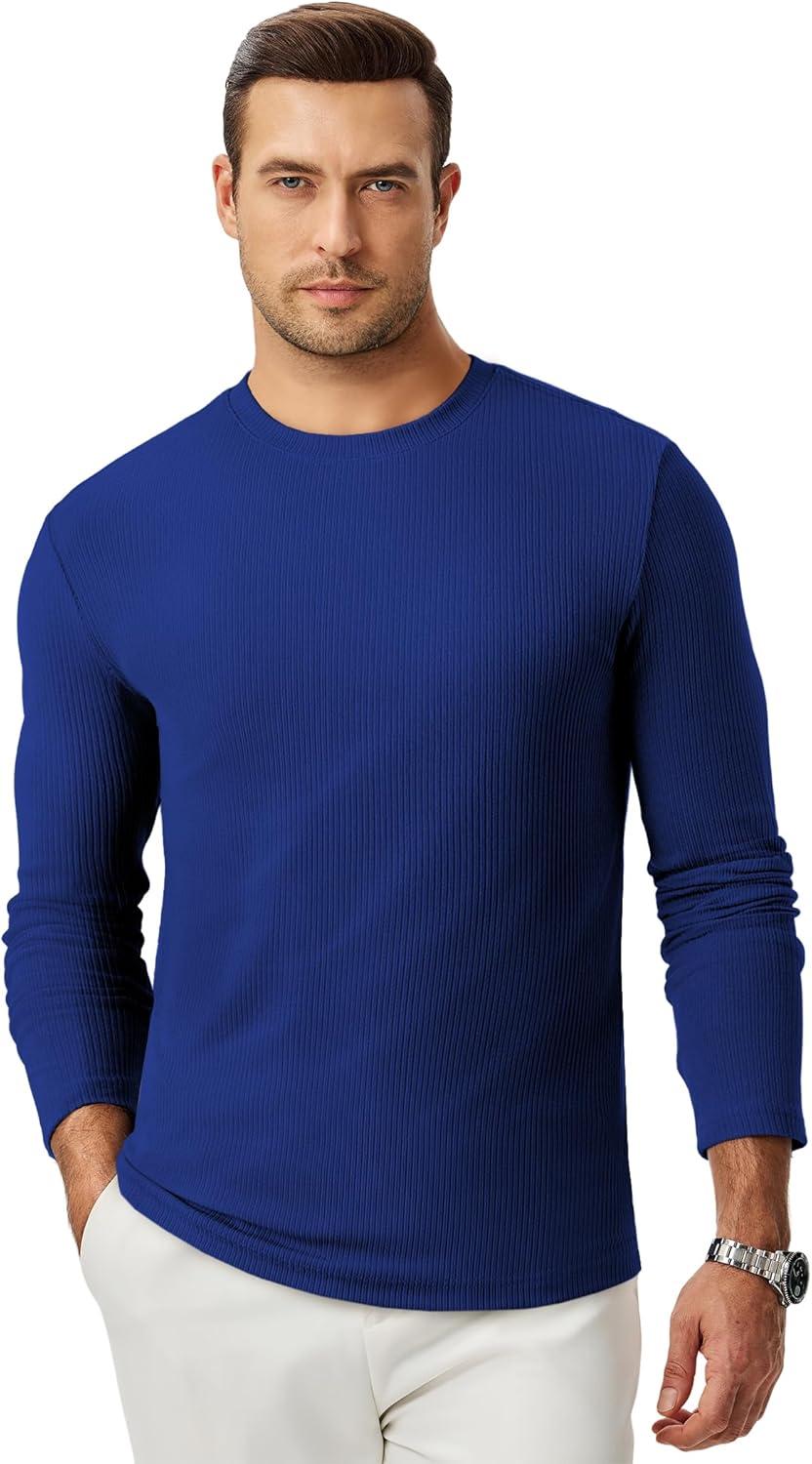 imageJMIERR Mens Fall Crewneck Shirt Long Sleeve AntiWrinkle Casual Muscle T Shirts Workout Slim FittedF Blue 2