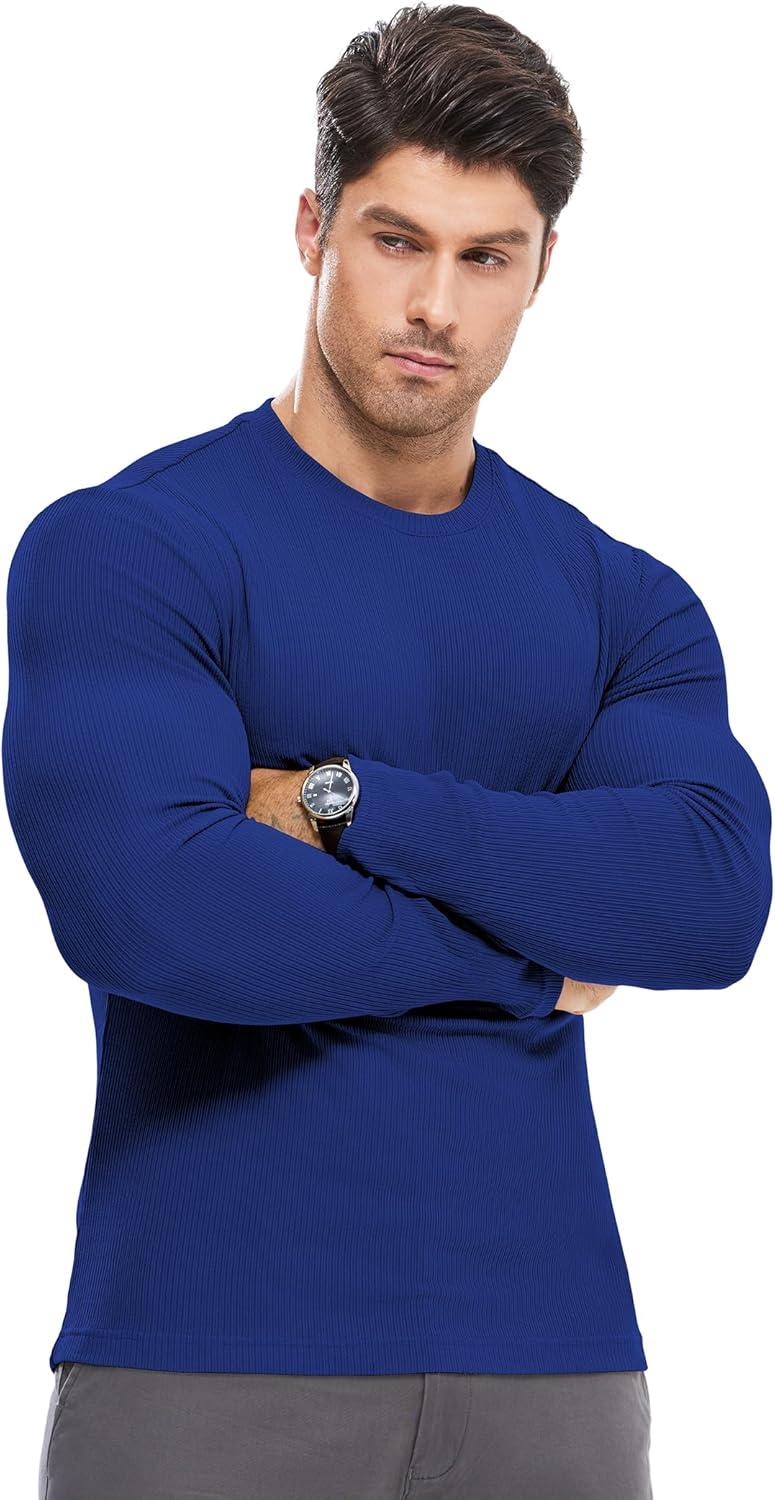 imageJMIERR Mens Fall Crewneck Shirt Long Sleeve AntiWrinkle Casual Muscle T Shirts Workout Slim FittedF Blue 2