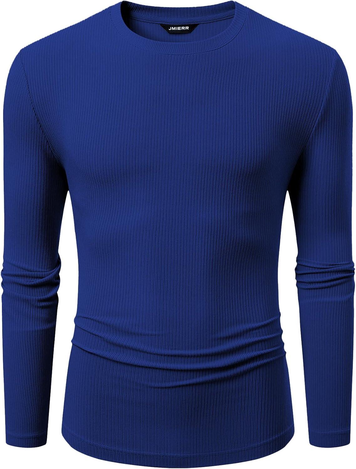 imageJMIERR Mens Fall Crewneck Shirt Long Sleeve AntiWrinkle Casual Muscle T Shirts Workout Slim FittedF Blue 2