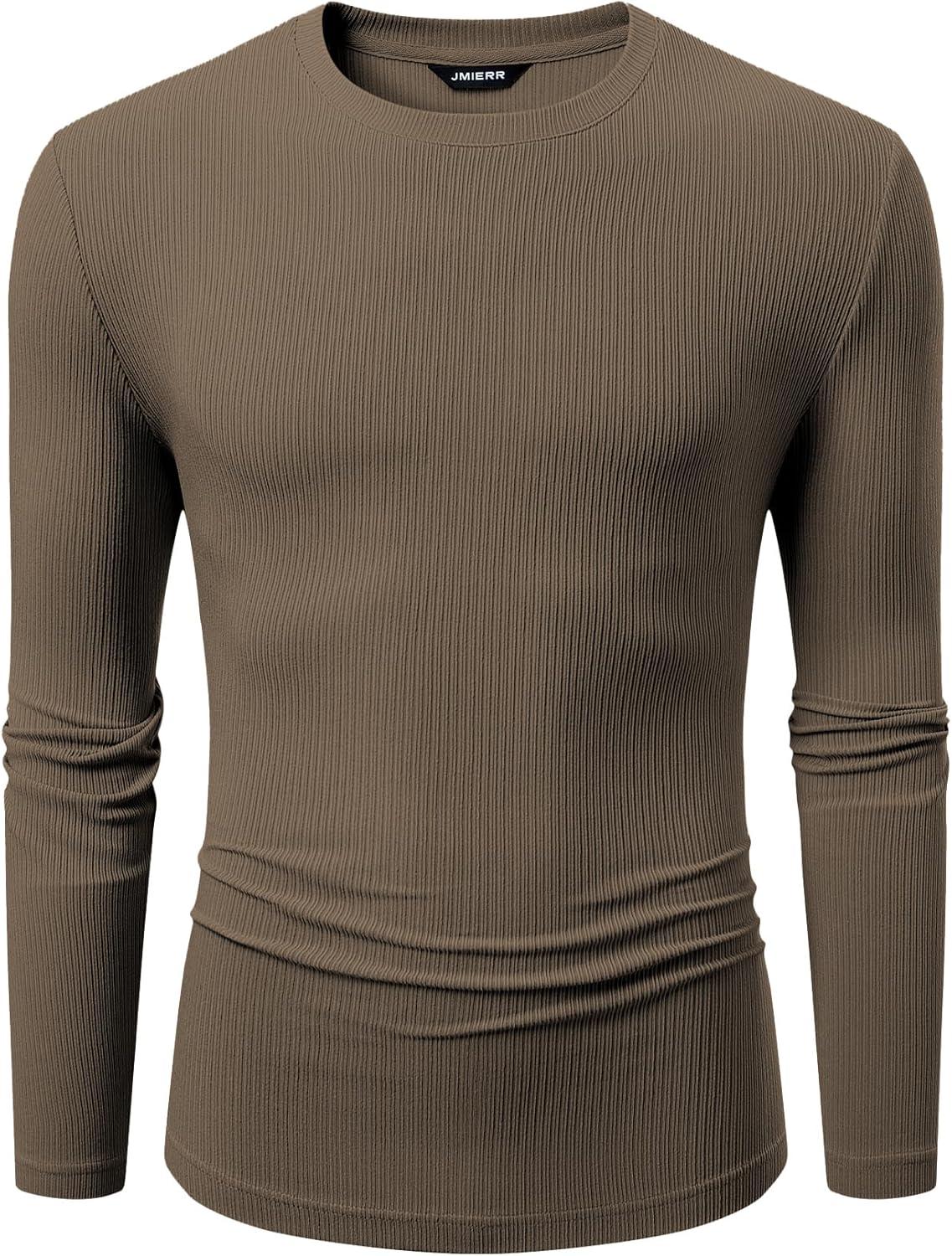 imageJMIERR Mens Fall Crewneck Shirt Long Sleeve AntiWrinkle Casual Muscle T Shirts Workout Slim FittedF Cocoa Brown