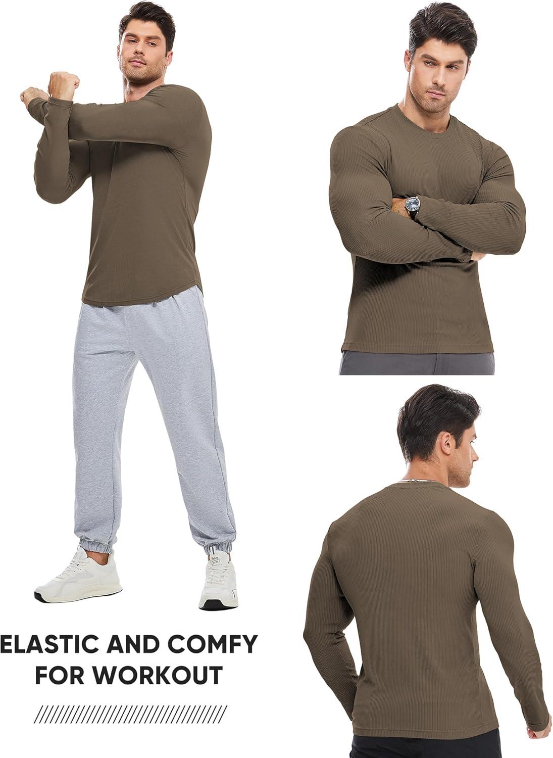 imageJMIERR Mens Fall Crewneck Shirt Long Sleeve AntiWrinkle Casual Muscle T Shirts Workout Slim FittedF Cocoa Brown