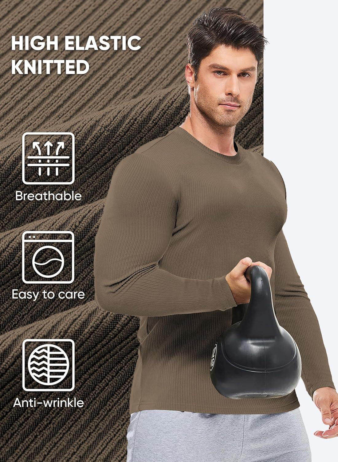 imageJMIERR Mens Fall Crewneck Shirt Long Sleeve AntiWrinkle Casual Muscle T Shirts Workout Slim FittedF Cocoa Brown