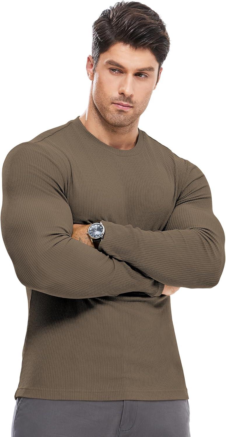 imageJMIERR Mens Fall Crewneck Shirt Long Sleeve AntiWrinkle Casual Muscle T Shirts Workout Slim FittedF Cocoa Brown
