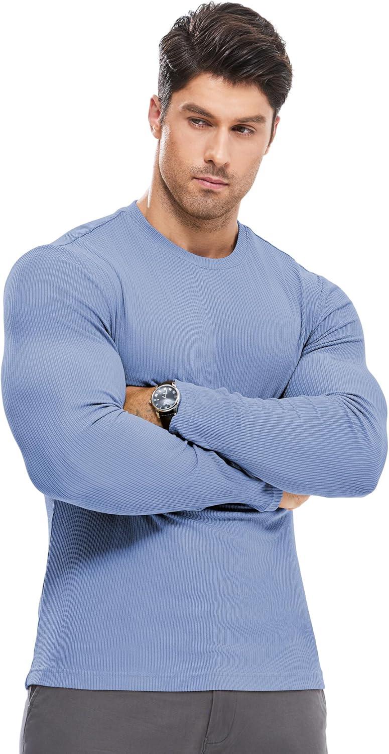 imageJMIERR Mens Fall Crewneck Shirt Long Sleeve AntiWrinkle Casual Muscle T Shirts Workout Slim FittedF Sky Blue