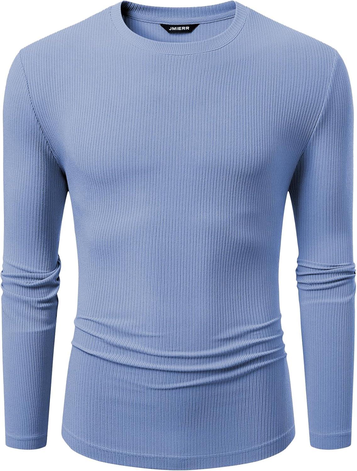 imageJMIERR Mens Fall Crewneck Shirt Long Sleeve AntiWrinkle Casual Muscle T Shirts Workout Slim FittedF Sky Blue