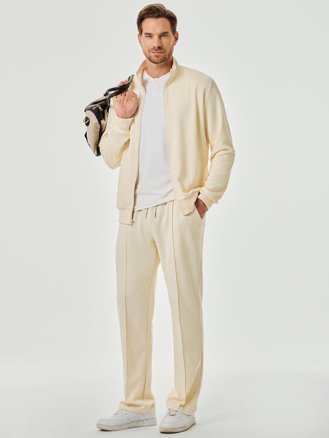 imageJMIERR Mens Tracksuit 2 Piece Set Full Zip Casual Sweatsuit Jogging Suits with Jogger Jackets and Pants Warm Up OutfitsBeige