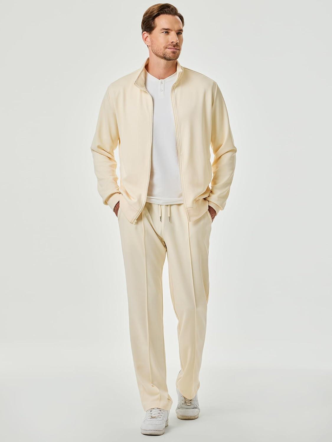 imageJMIERR Mens Tracksuit 2 Piece Set Full Zip Casual Sweatsuit Jogging Suits with Jogger Jackets and Pants Warm Up OutfitsBeige