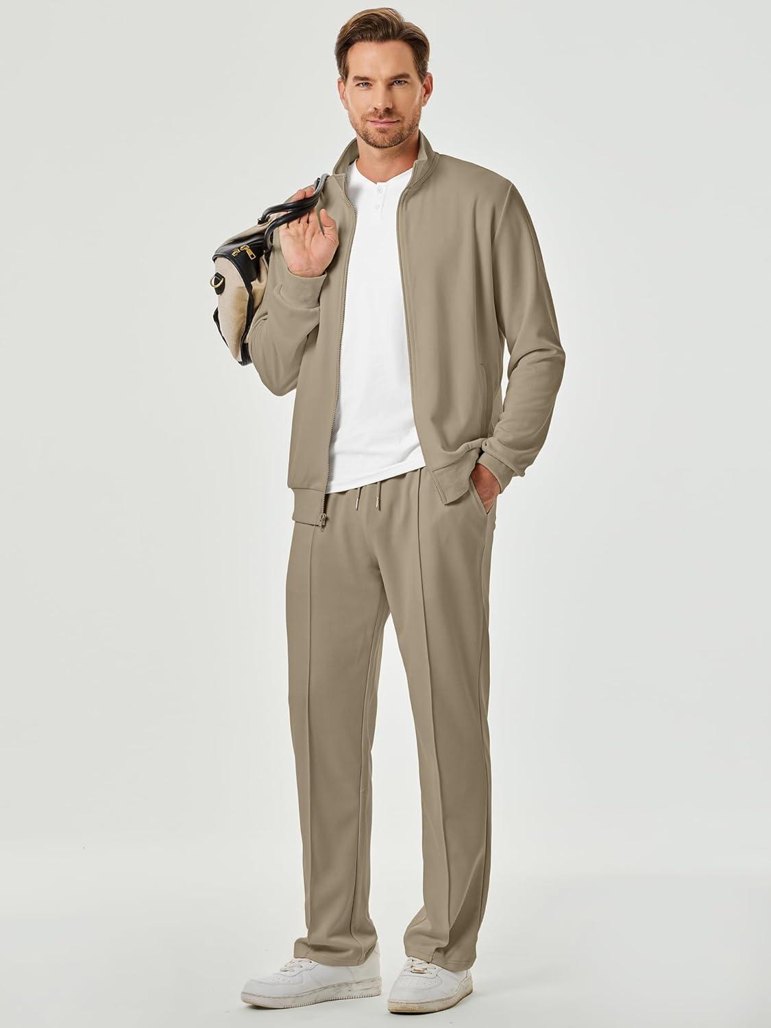 imageJMIERR Mens Tracksuit 2 Piece Set Full Zip Casual Sweatsuit Jogging Suits with Jogger Jackets and Pants Warm Up OutfitsKhaki