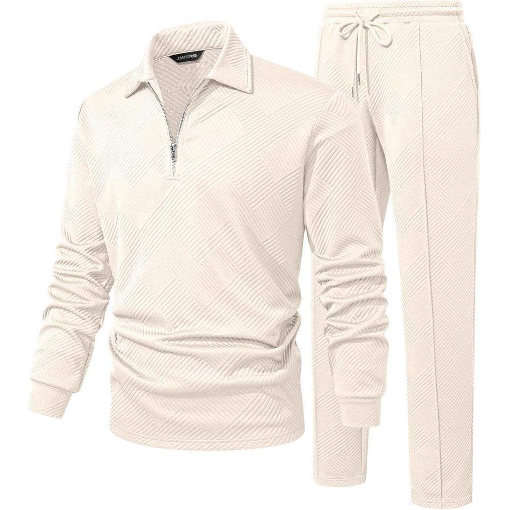 imageJMIERR Mens 2 Piece Outfits Quarter Zipper Polo Shirt Tracksuit ampamp Joggers Sweatpants Sweatsuit Sets JacquardApricot