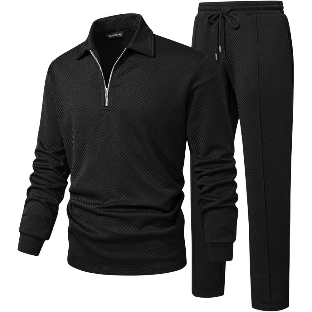 imageJMIERR Mens 2 Piece Outfits Quarter Zipper Polo Shirt Tracksuit ampamp Joggers Sweatpants Sweatsuit Sets JacquardBlack