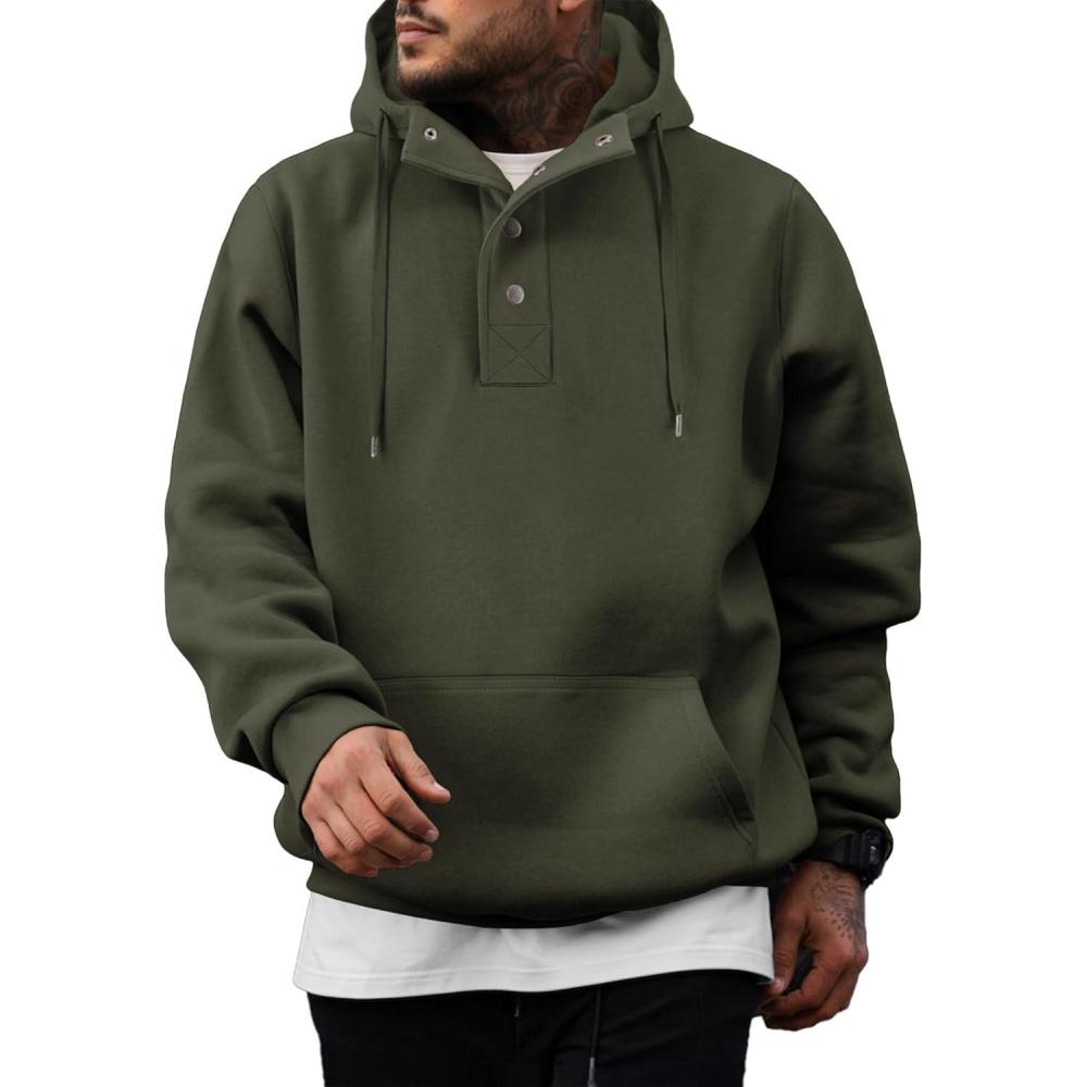 imageJMIERR Mens 2025 Casual Fahsion Fall Hoodie Pullover Quarter Drawstring Fleece Winter Button Hooded Shirt with PocketA Green