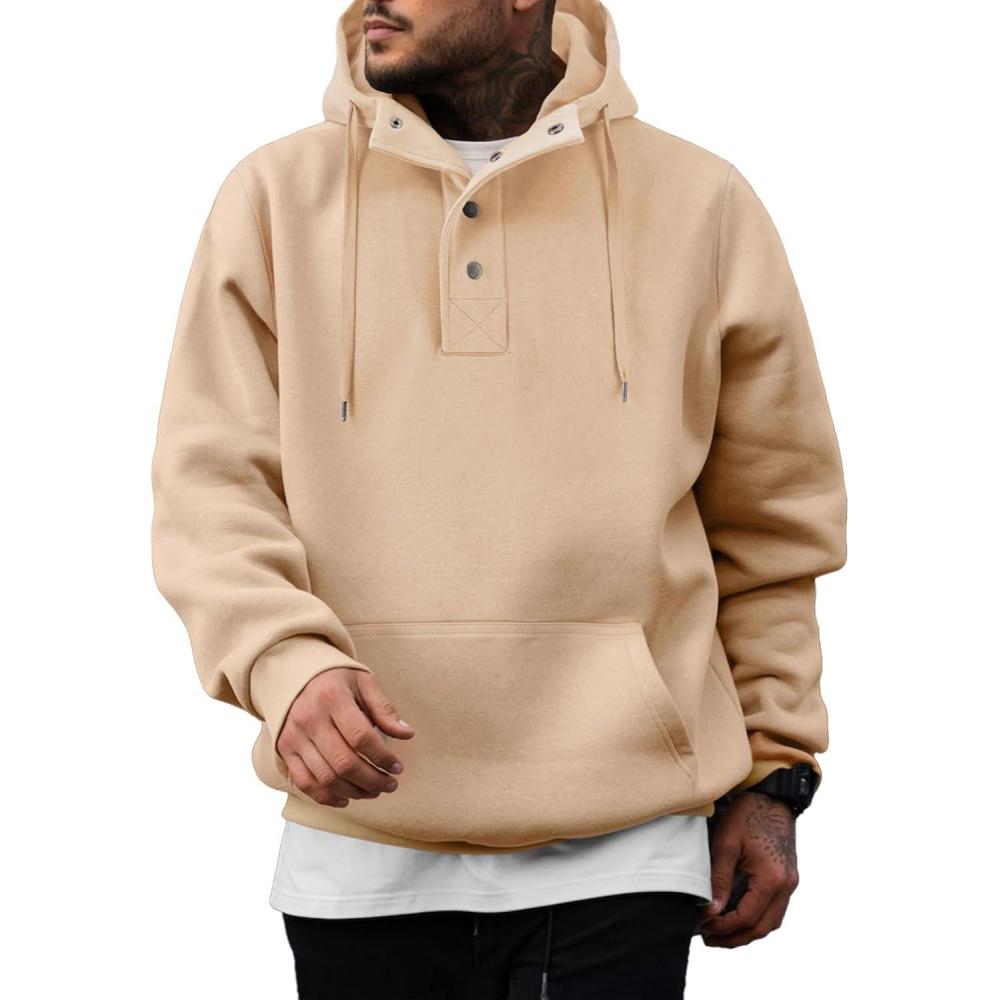 imageJMIERR Mens 2025 Casual Fahsion Fall Hoodie Pullover Quarter Drawstring Fleece Winter Button Hooded Shirt with PocketA Khaki