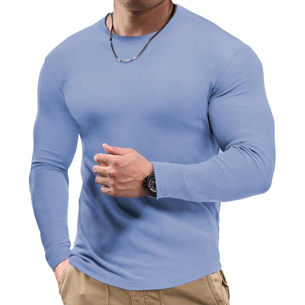 imageJMIERR Mens Fall Crewneck Shirt Long Sleeve AntiWrinkle Casual Muscle T Shirts Workout Slim FittedF Sky Blue