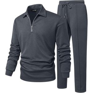 imageJMIERR Mens 2 Piece Outfits Quarter Zipper Polo Shirt Tracksuit ampamp Joggers Sweatpants Sweatsuit Sets JacquardDark Grey