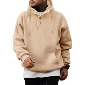 imageJMIERR Mens 2025 Casual Fahsion Fall Hoodie Pullover Quarter Drawstring Fleece Winter Button Hooded Shirt with PocketA Khaki