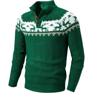 imageJMIERR Mens Cable Knit Pullover Sweater Casual Long Sleeve Stand Collar Button Knitted SweatersXmas Green Reindeer