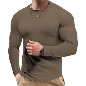 imageJMIERR Mens Fall Crewneck Shirt Long Sleeve AntiWrinkle Casual Muscle T Shirts Workout Slim FittedF Cocoa Brown