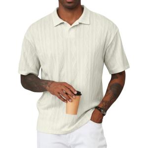 imageJMIERR Mens Polo Shirt Knit Button Casual Short Sleeve Summer Vacation Beach Stretchy Golf ShirtsBeige