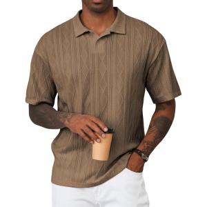imageJMIERR Mens Polo Shirt Knit Button Casual Short Sleeve Summer Vacation Beach Stretchy Golf ShirtsKhaki