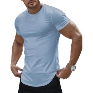 imageJMIERR Mens Short Sleeve T Shirt Summer Muscle Slim Fitted Crewneck Longline Tees Shirts for Gym WorkoutF Blue