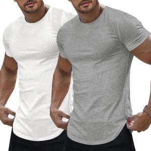 imageJMIERR Mens Short Sleeve T Shirt Summer Muscle Slim Fitted Crewneck Longline Tees Shirts for Gym WorkoutPack Whitegrey