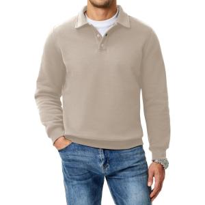 imageJMIERR Mens Casual Cotton Polo Sweatshirts Long Sleeve Button Collared Pullover ShirtsBeige