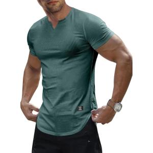 imageJMIERR Mens Muscle Slim T Shirts Texture V Neck Longline Henley Gym Workout Athletic Tee ShirtA Green