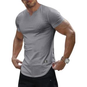 imageJMIERR Mens Muscle Slim T Shirts Texture V Neck Longline Henley Gym Workout Athletic Tee ShirtA Grey