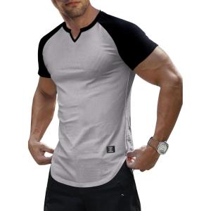 imageJMIERR Mens Muscle Slim T Shirts Texture V Neck Longline Henley Gym Workout Athletic Tee ShirtC Grey  Black