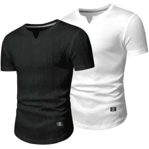 imageJMIERR Mens Muscle Slim T Shirts Texture V Neck Longline Henley Gym Workout Athletic Tee ShirtPackblackWhite