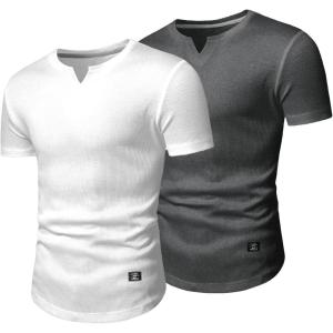 imageJMIERR Mens Muscle Slim T Shirts Texture V Neck Longline Henley Gym Workout Athletic Tee ShirtPackwhiteGrey