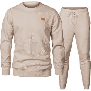 imageJMIERR Mens 2 Piece Outfits Knit Jacquard Pullover Sweatshirt Tracksuit ampamp Joggers Sweatpants Sweatsuit Sets with PocketsBeige