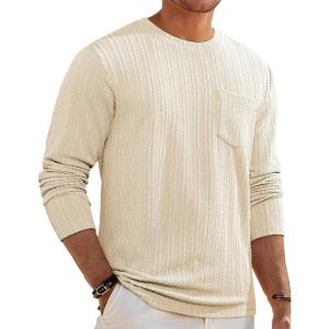 imageJMIERR Mens Long Sleeve Shirts Casual Crewneck Pullover TShirt Stretch Textured Knit Tee with Pocket09 Apricot