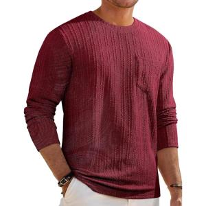 imageJMIERR Mens Long Sleeve Shirts Casual Crewneck Pullover TShirt Stretch Textured Knit Tee with Pocket10 Red