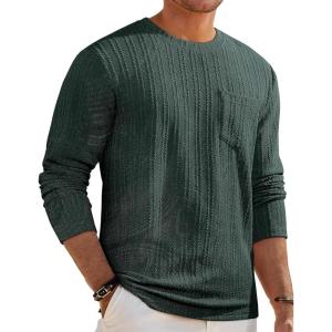 imageJMIERR Mens Long Sleeve Shirts Casual Crewneck Pullover TShirt Stretch Textured Knit Tee with Pocket12 Green