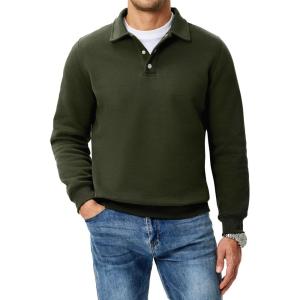 imageJMIERR Mens Casual Cotton Polo Sweatshirts Long Sleeve Button Collared Pullover ShirtsGreen