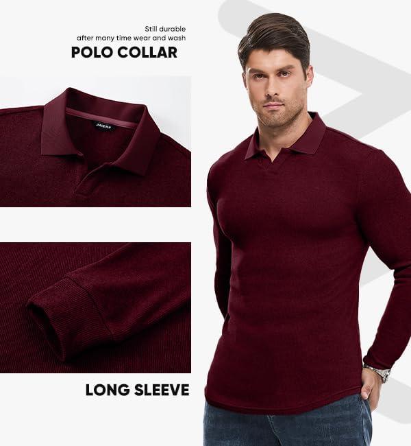 imageJMIERR Mens Casual Buttonless Polo Shirt Long Sleeve V Neck Ribbed Knit Golf ShirtsA Burgundy