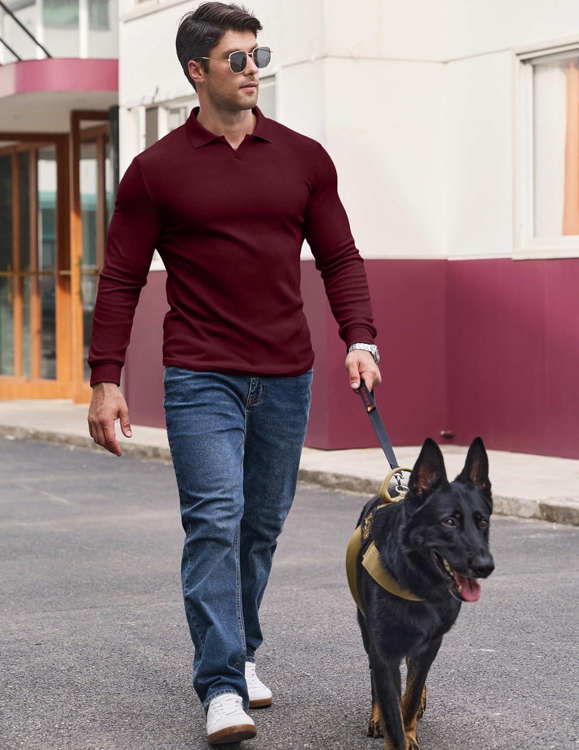 imageJMIERR Mens Casual Buttonless Polo Shirt Long Sleeve V Neck Ribbed Knit Golf ShirtsA Burgundy