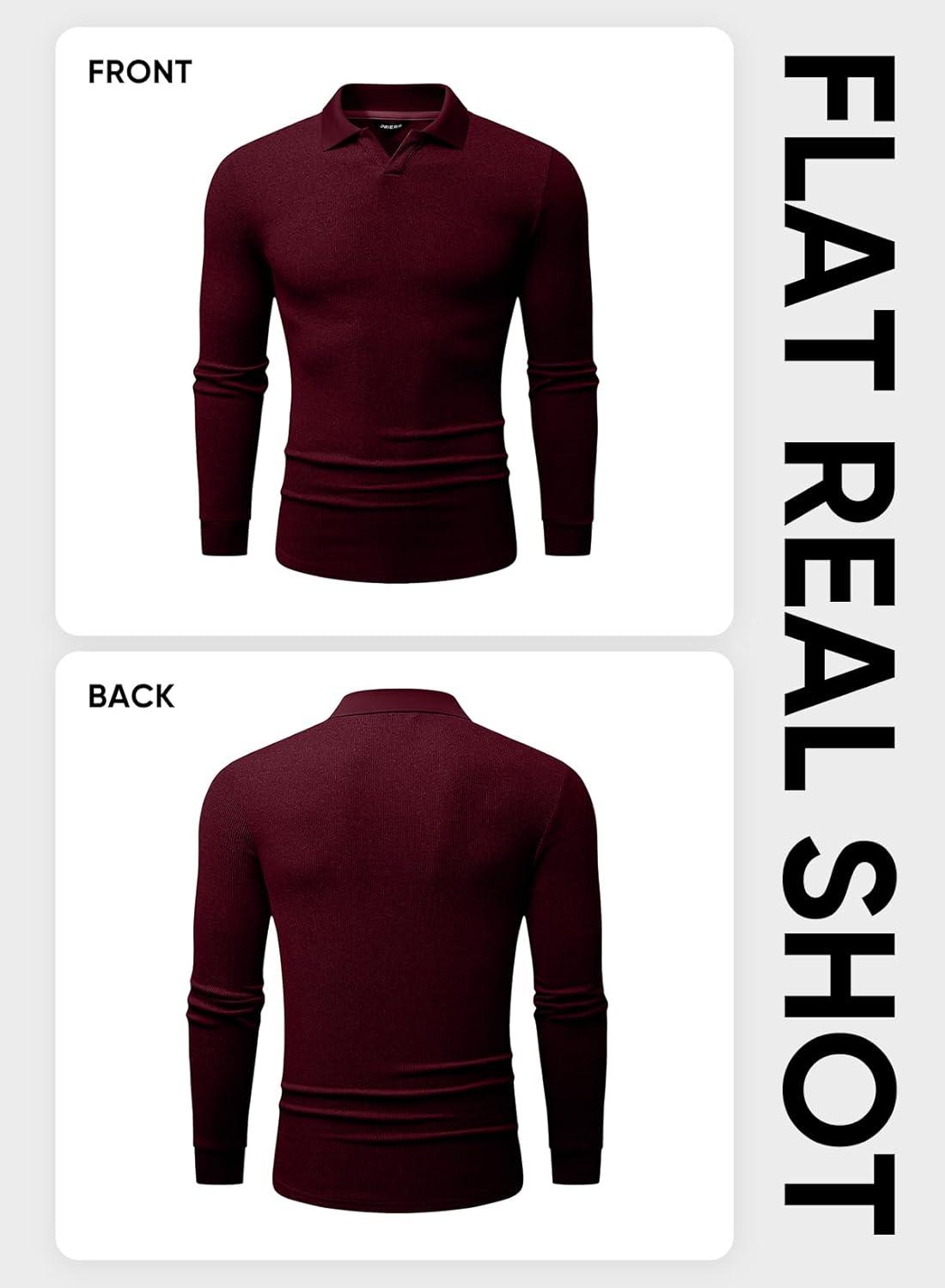 imageJMIERR Mens Casual Buttonless Polo Shirt Long Sleeve V Neck Ribbed Knit Golf ShirtsA Burgundy