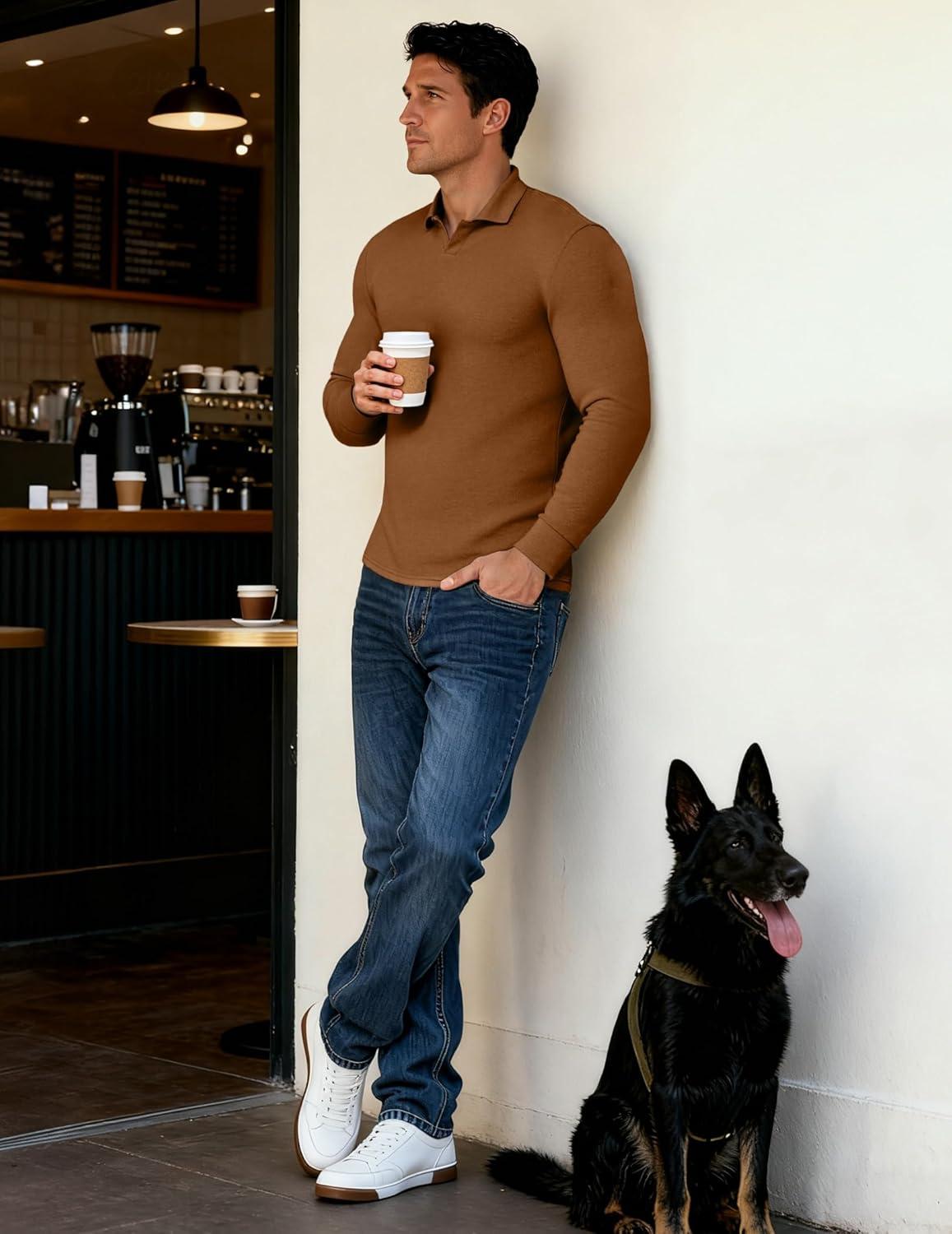 imageJMIERR Mens Casual Buttonless Polo Shirt Long Sleeve V Neck Ribbed Knit Golf ShirtsA Chestnut