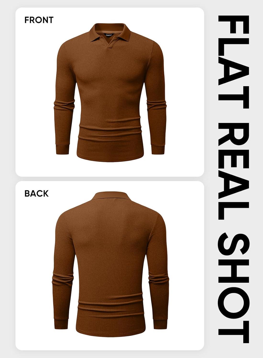 imageJMIERR Mens Casual Buttonless Polo Shirt Long Sleeve V Neck Ribbed Knit Golf ShirtsA Chestnut