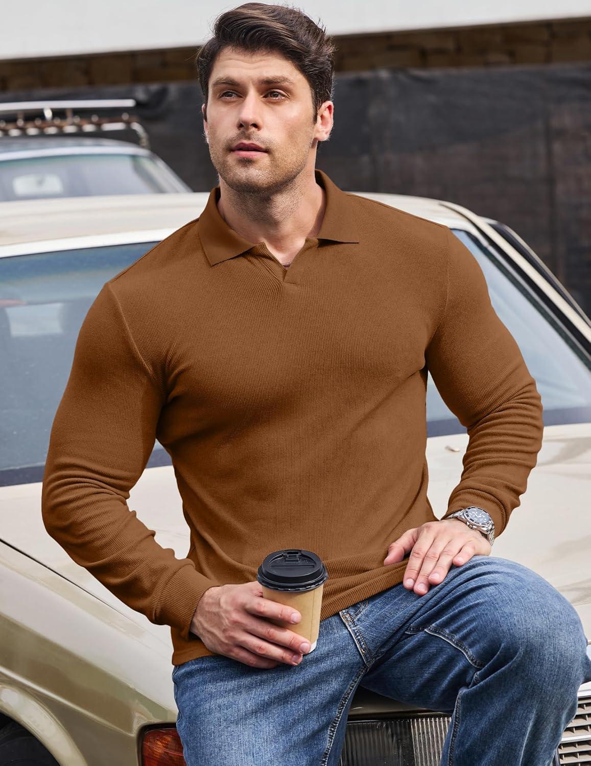 imageJMIERR Mens Casual Buttonless Polo Shirt Long Sleeve V Neck Ribbed Knit Golf ShirtsA Chestnut
