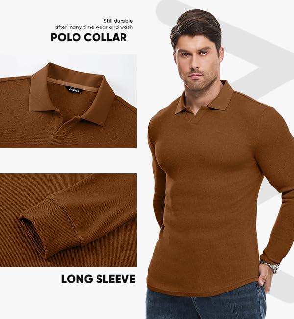 imageJMIERR Mens Casual Buttonless Polo Shirt Long Sleeve V Neck Ribbed Knit Golf ShirtsA Chestnut