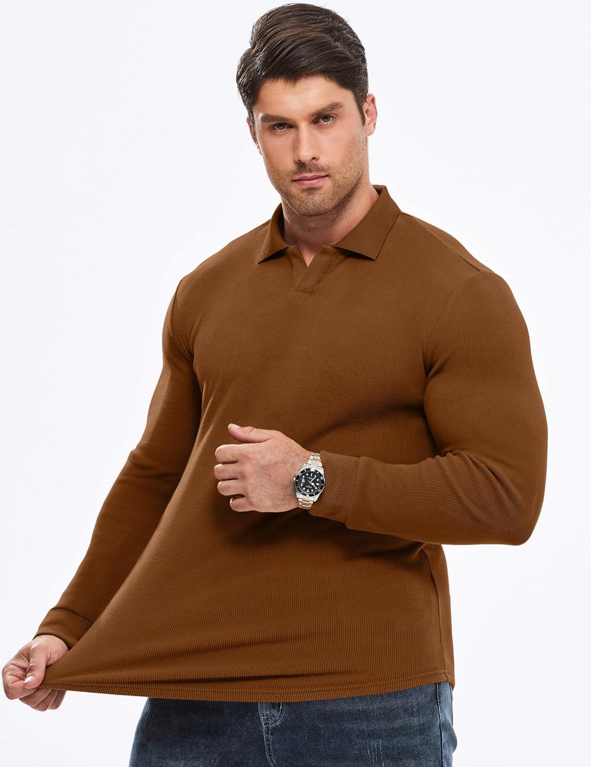 imageJMIERR Mens Casual Buttonless Polo Shirt Long Sleeve V Neck Ribbed Knit Golf ShirtsA Chestnut